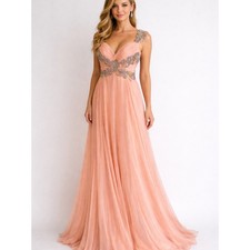 Blush Peach Evening Gown with Silver Appliqu 