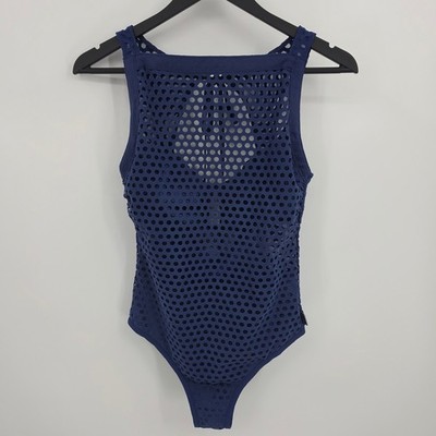 SHAN Laser Mesh Cutout One Piece Swimsuit Bathing Suit Sz 8 Navy Blue High Neck
