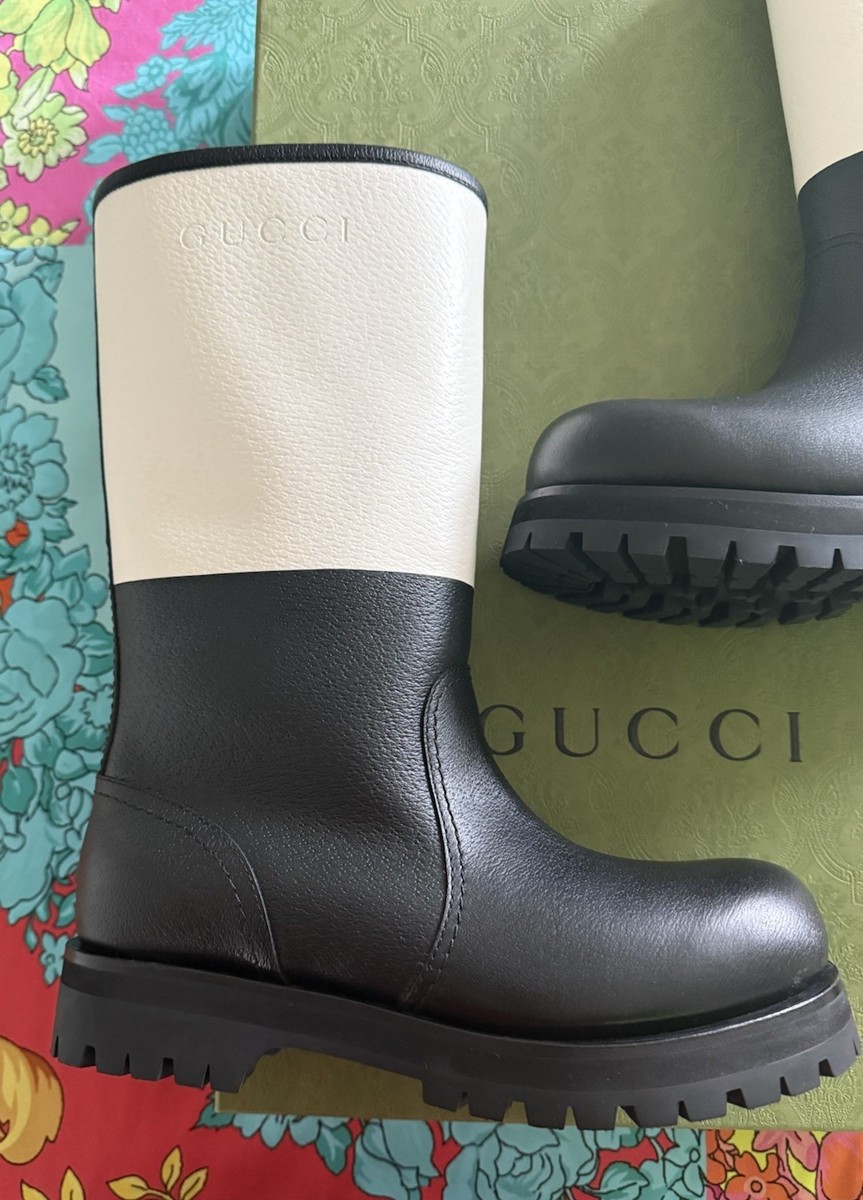 Auth Men's Gucci Black White Leather Grisou Boots 777797 G 7 US