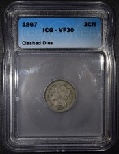 1867 Three-Cent Piece (Nickel) *Clashed Dies*  ICG VF30 