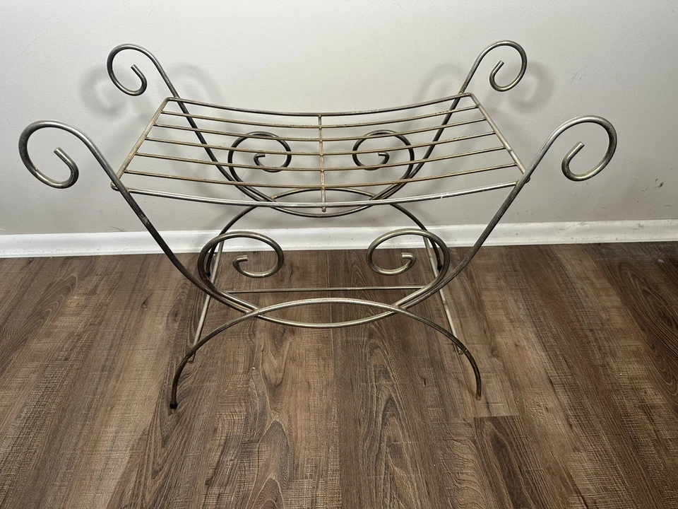 De colección Art Deco Hollywood Regency Mediados de Siglo Metal Tocador Banco Silla Taburete Latón Foto 2 de 4