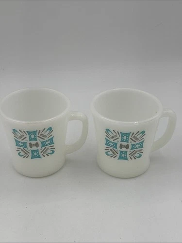 (2) Milk Glass Vintage Fire King Blue Heaven Mugs Coffee Handle Cup  3.5” T