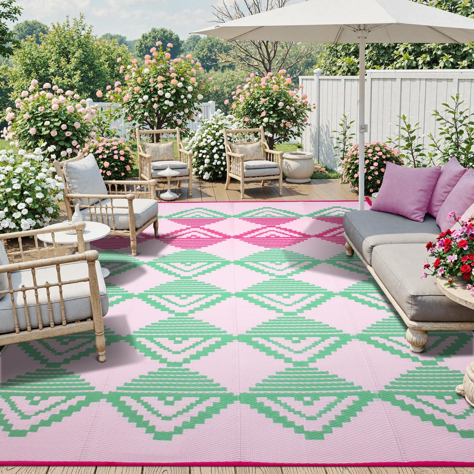 Waterproof 9x12 Checkered Reversible Straw Patio Rug for Outdoor Use