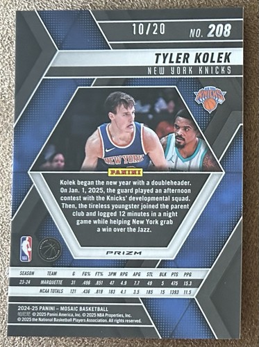 Tyler Kolek 2024-25 Panini Mosaic /20 Pink Disco Fast Break Rookie RC #208 - Bild 2 von 2
