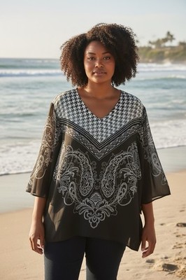 Catherines Black Label Size 1X 2X Black White Sheer Paisley Top Blouse Cover Up