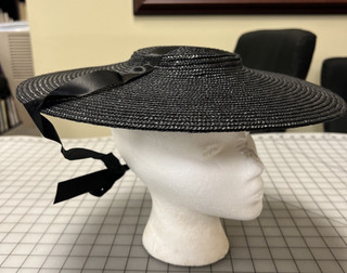 Repro 18th Century Woman's Black Straw Flat Hat Black Silk Ribbon Tie