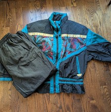 Vintage 80s 90s Women M Black Blue Floral Windbreaker Tracksuit Jacket Pants 2pc