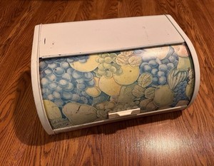 Vintage Grannycore White Metal Bread Bin with Fruit Pattern and Roll Top Lid