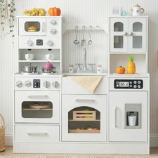 Wooden Play Kitchen Lights Sounds: Fridge Ice Coffee Oven Cabinets Toddlers Kids
