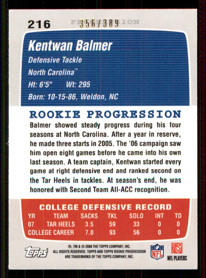 2008 Topps Rookie Progression Bronze #216 Kentwan Balmer /389 - Image 2 of 2