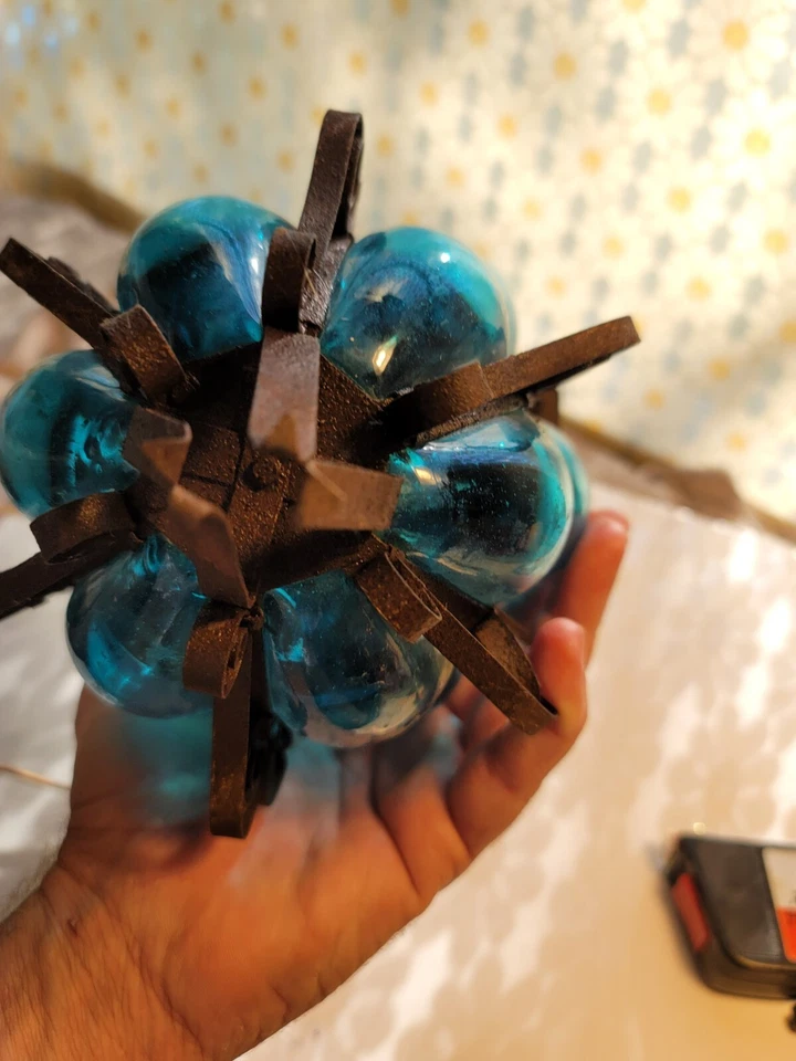 Lámpara araña de vidrio AZUL SOPLADO A MANO DE HIERRO FORJADO ANTIGUA/VINTAGE RARA 14"x 8" Foto 4 de 4