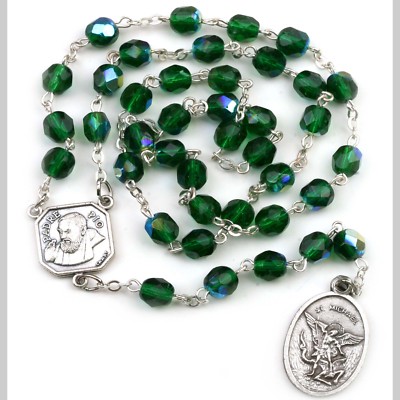 Emerald Green St Saint Michael Padre Pio Guardian Angel Rosary Beads Chaplet 6MM