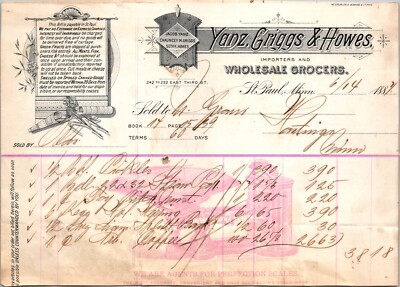Yanz Griggs & Howes St Paul MN 1884 Billhead Wholesale Grocers