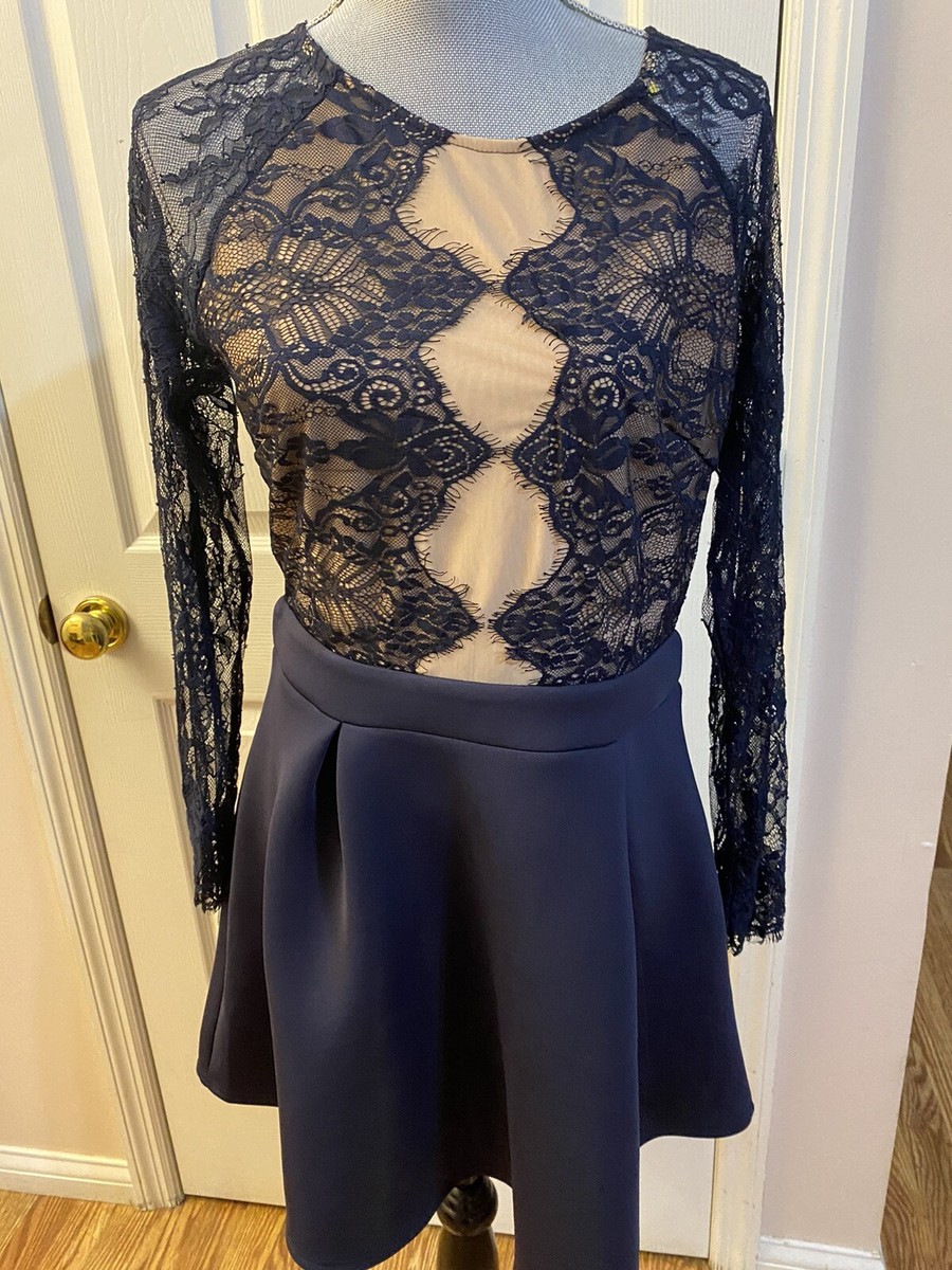 royal blue dress with white lace Royal Blue Mermaid Evening Dress Long Sleeve Lace Backless Gown-Bridelily main image 1