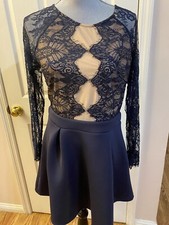 Charlotte Russe Dress Womens Medium Blue Fit Flare Open Back Embroidered Lace L