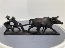 Hand Carved Wood Water Buffalo Indonesian Farmers Plowing Rice Farming Folk Art