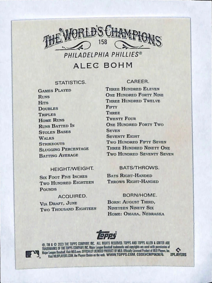 2023 Topps Allen & Ginter X #158 Alec Bohm Philadelphia Phillies - Image 2 of 2