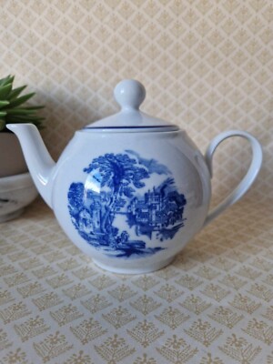 Cromwell & Morgan Teekanne Pottery weiß blau Keramik mit Deckel und Griff Vintage 