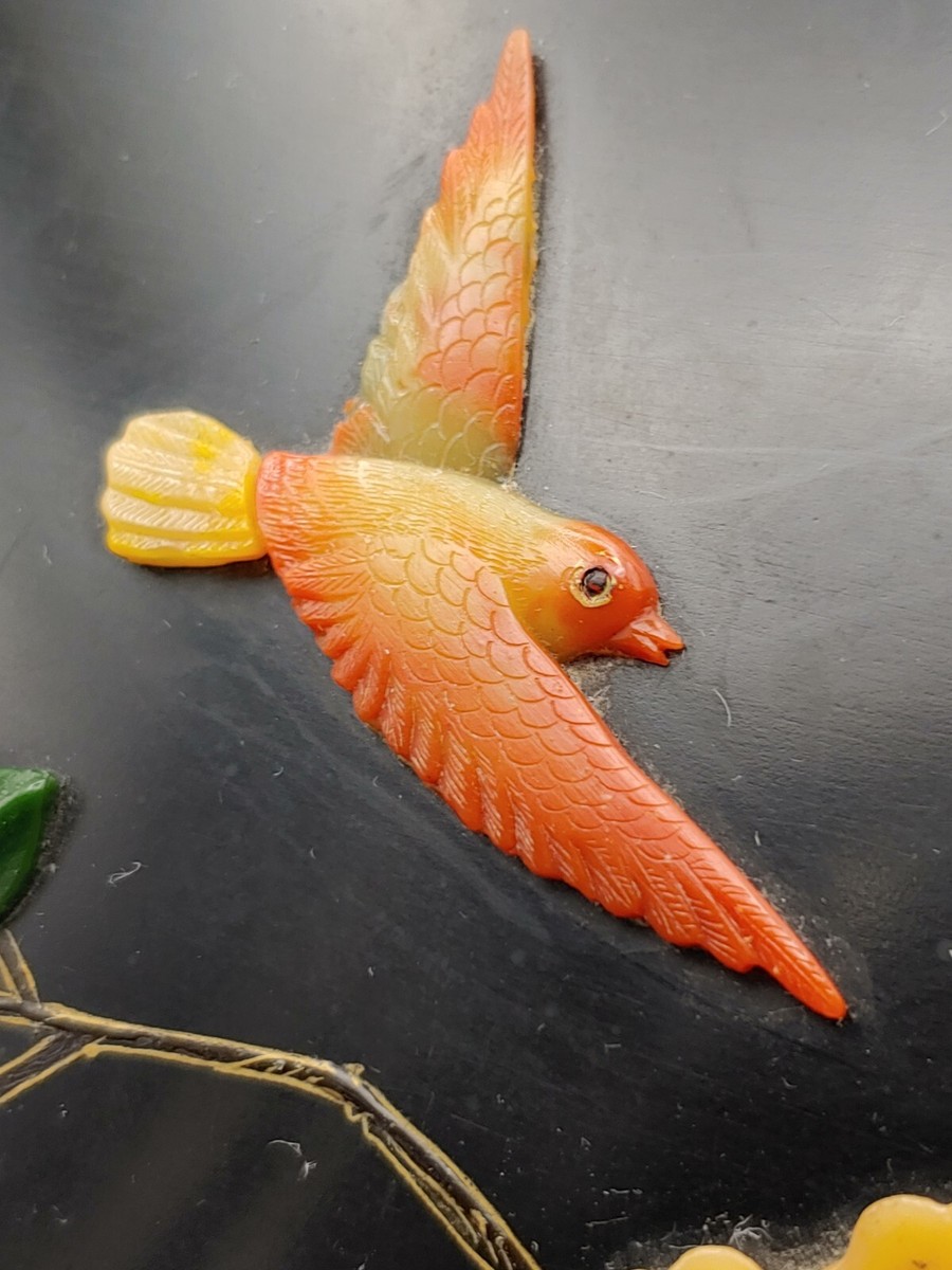 百宝嵌玉雕花鸟漆盒 Vintage Chinese Baibaoqian Jade Bird Lacquer