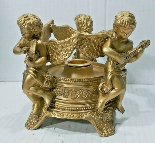 Gold Resin Teleflora Taper Candle Cupid Angels Playing Music Candlestick 4.5" H - Afbeelding 1 van 5