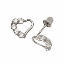 Baby Girl White Sapphire Heart Stud Earrings Screw Back 14K White Gold
