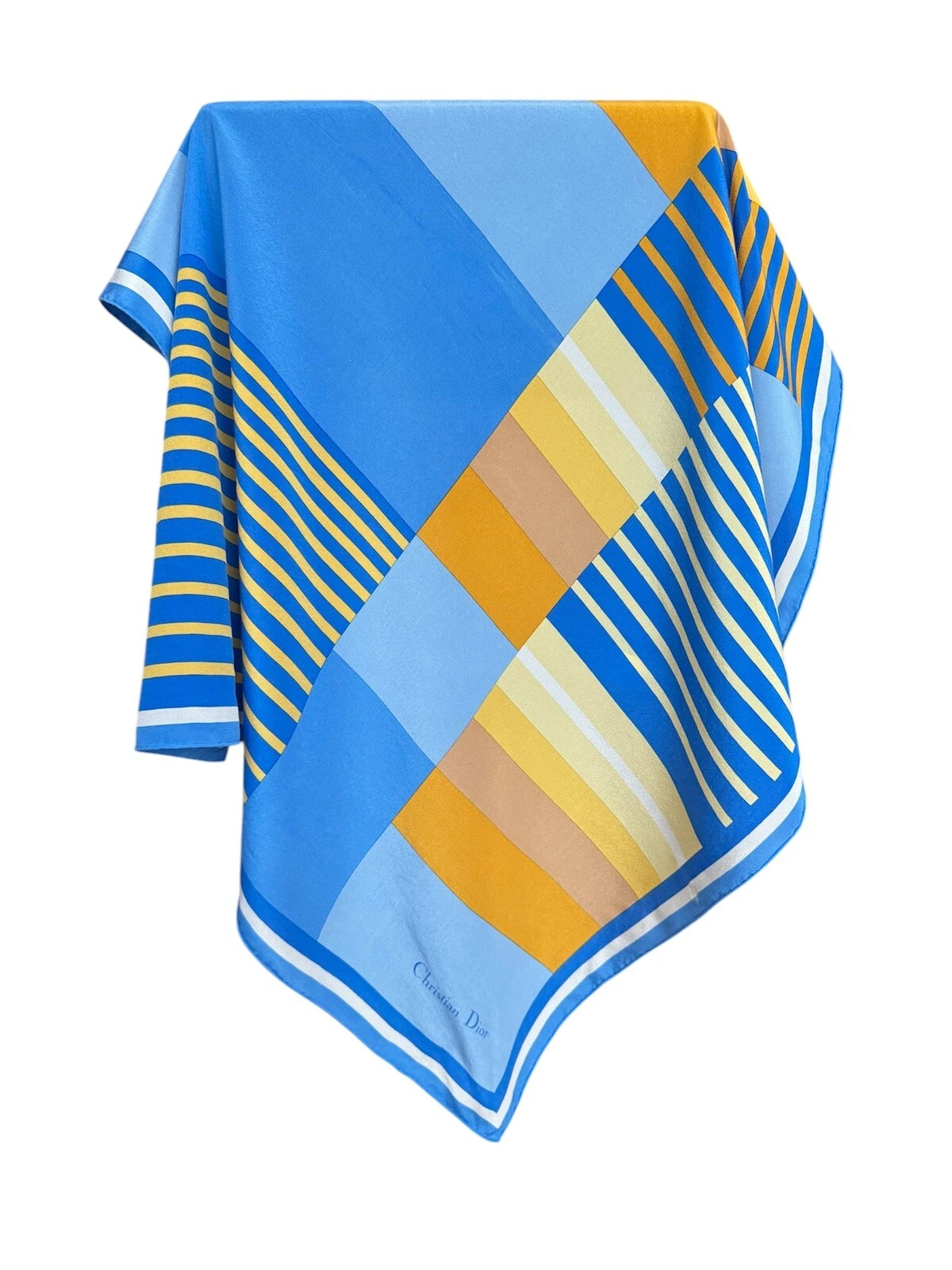 Foulard vintage Christian Dior 100% soie bleu jaune abstrait rare pour collection