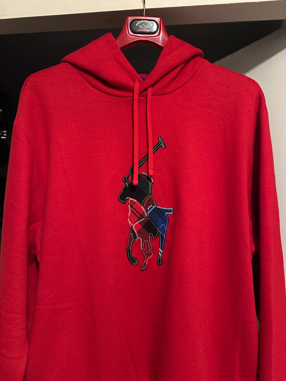 Polo Ralph Lauren Uomo Classici Rosso The Rl Pile Plaid pony Felpa con Cappuccio Autentica