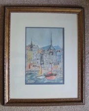 French Watercolor Painting by Pearl Richmond Boats Rose Mae & Anna Framed 18X24