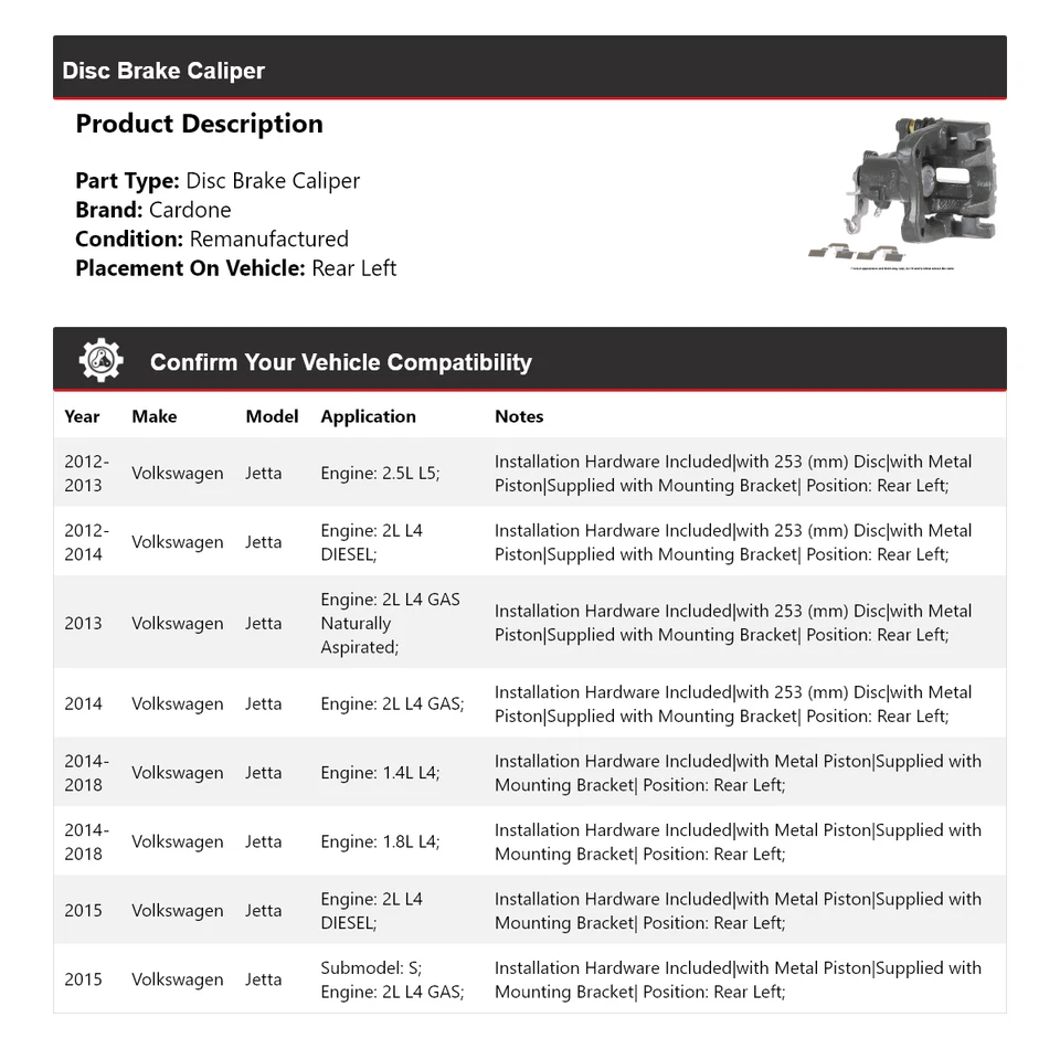 Pinza de freno de disco trasera izquierda cardone 2013 2014 para Volkswagen Jetta 2012-2018 Foto 2 de 4