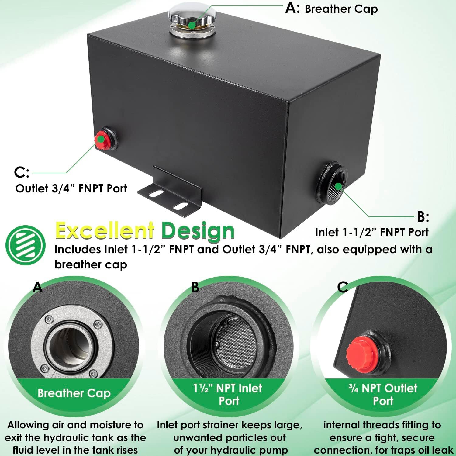 Steel Hydraulic Fluid Reservoir Tank with Inlet 1-1/2" & Outlet 3/4" FNPT Port