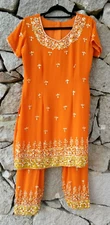 Orange Kurta Pant Set Women Readymade Indian Sequin Outfit Pakistani XS