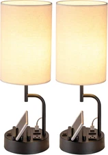 Table Lamp Modern Desk Lamp 3 USB Ports AC Outlet Phone Stand Pack of 2