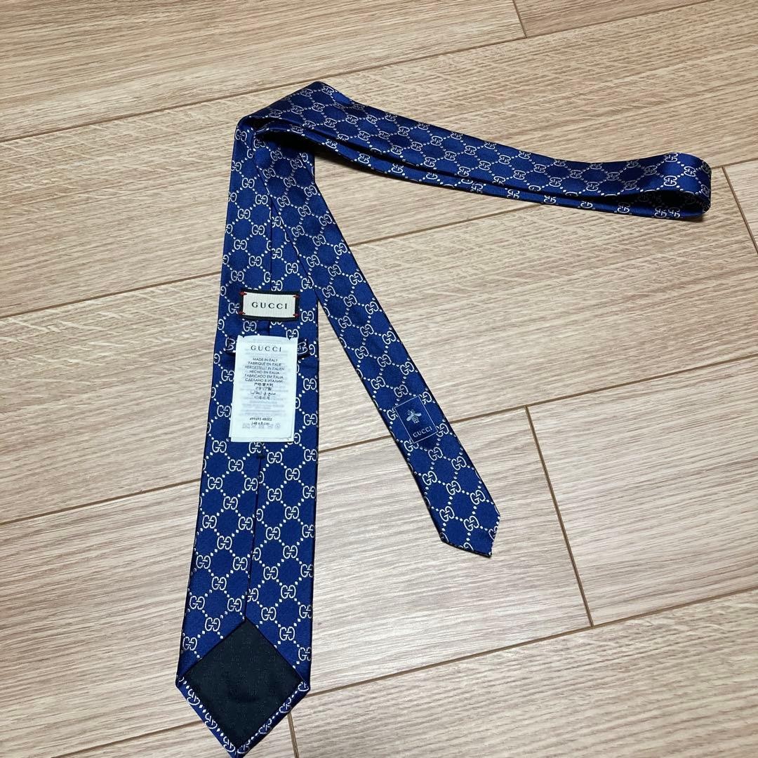 Gucci Silk Tie GG Pattern Interlocking Bee Navy U… - image 8
