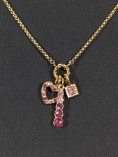 Gold Tone Pink Rhinestone Heart Charm Necklace Retro Chic Birthstone 18 in