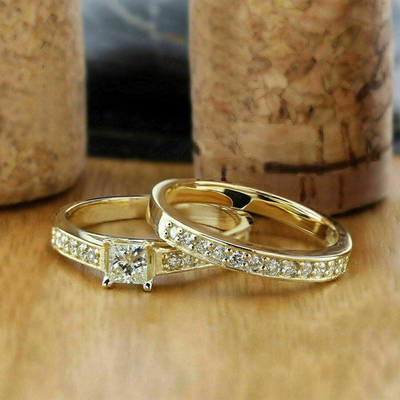 #ad 1.50 TCW Princess Cut Moissanite Bridal Set Wedding Ring 14k Solid Yellow Gold $361.89