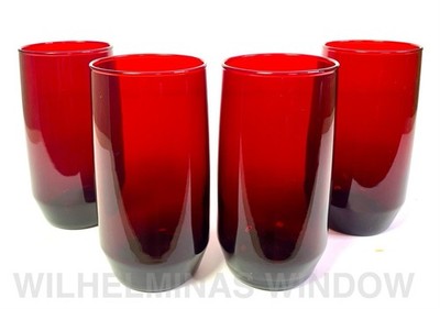 4 Anchor Hocking Royal Ruby Red Roly Poly Drinking Glass 5  Tumblers Vintage MCM