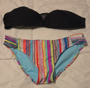 No Boundaries Black Striped Strapless Bandeau Bikini Set 2pc Womens L