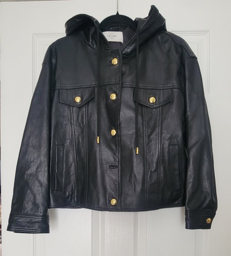 CELINE Hooded Black Lambs Leather Jacket Gold Logo Hardware Large
