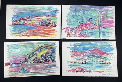 Group Of 4 Vtg Colorful Ink Drawings Beach & Seaside Islands Of Greece 7x11 