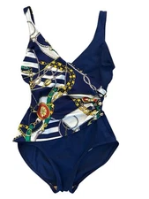 Vintage 1980’s Swimsuit NAUTICAL Navy Blue Red Gold Teal Rope YACHT CLUB