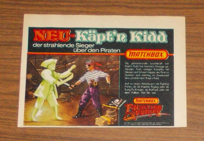 Seltene Werbung Matchbox FIGHTING FURIES Captain Kidd Glow in the Dark 1976