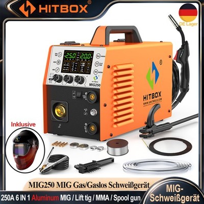 6in1 Schweißinverter 250A 230V Aluminium MIG/Gaslos TIG Spoolgun Schweißmaschine