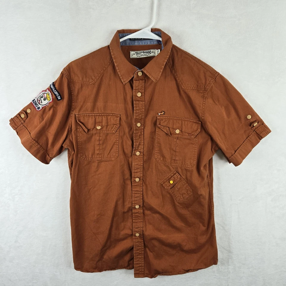 Akoo Mens Orange Short Sleeve Button Up Shirt With Patches Embroidered Size M - Image 2 of 4
