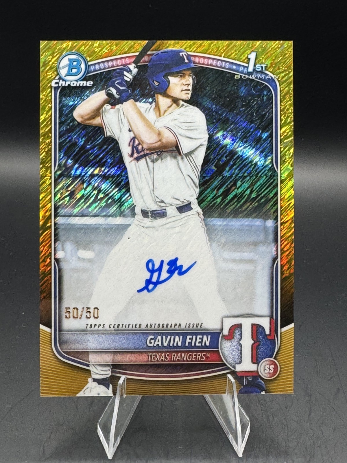 2025 Bowman Chrome Draft Gavin Fien Gold Shimmer 1st Auto 50/50 Bookend