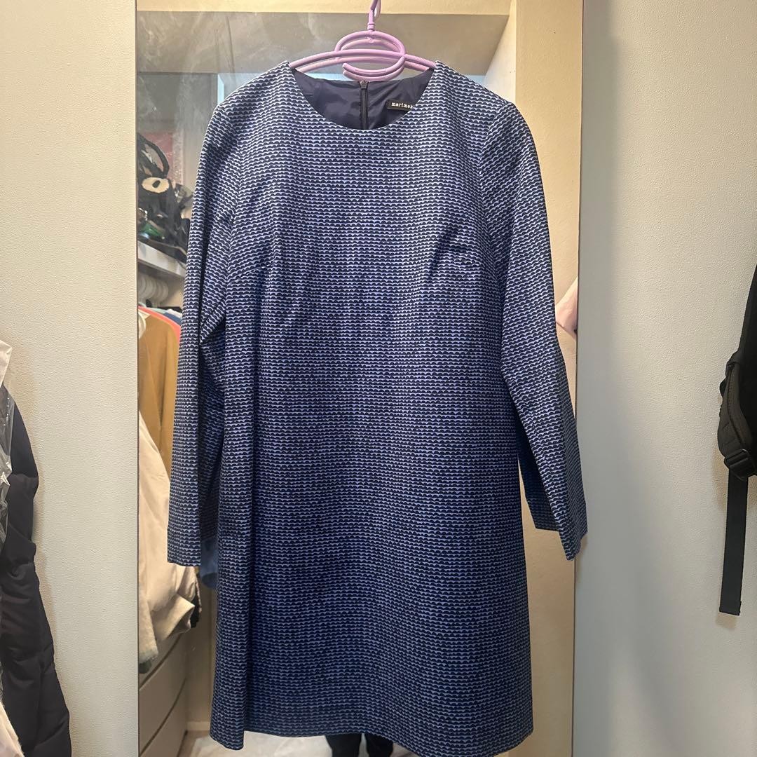 Marimekko Papajo Long Sleeve One Piece Dress Navy Blue Wave Pattern M