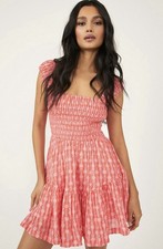 Free People Pink Red Geometric Smocked Mini Dress Square Neck Sleeveless small 