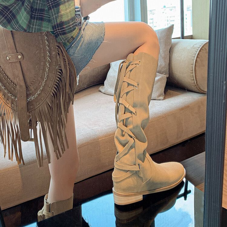 Knee High Flat Western Boots Tassel Knee High Boots Women Wide