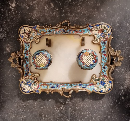 19th Louis XV Style Double Inkwell Desk Set Antique Cloisonné Enamel and Bronze - Picture 3 of 12