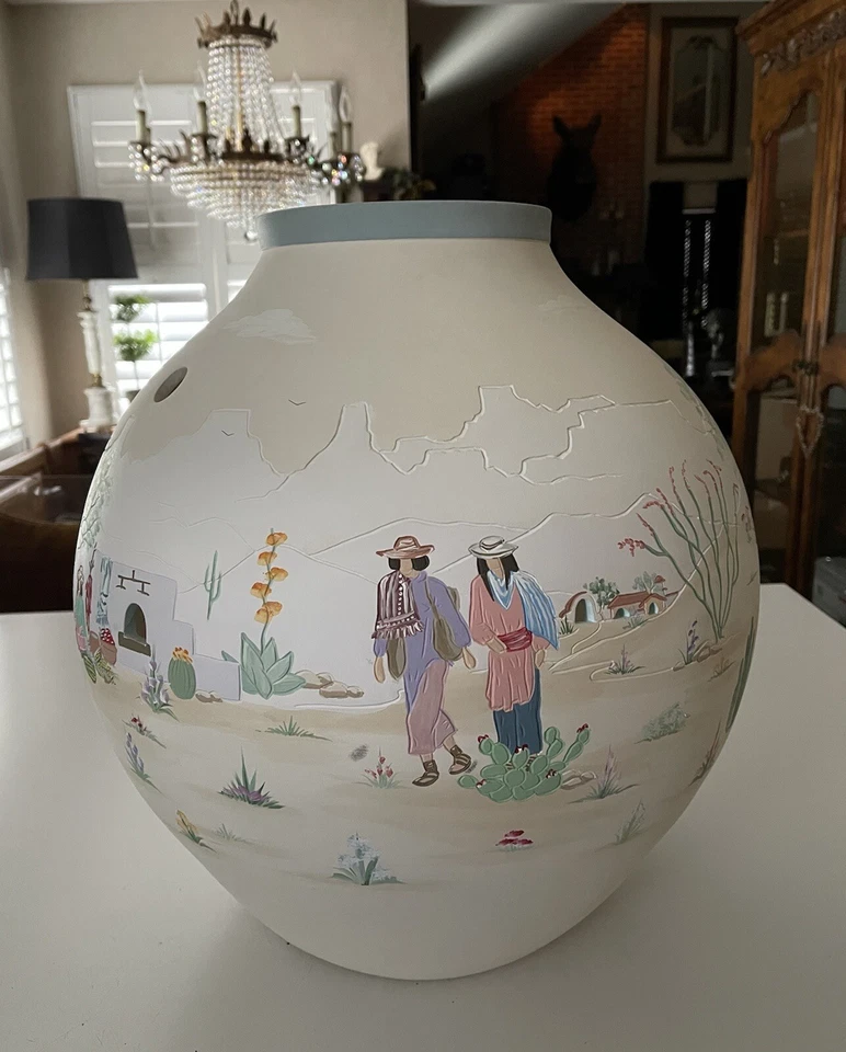 GRAN JARRÓN DE CERÁMICA LUMINARIA GRABADO A MANO PINTADO A MANO VINTAGE Foto 2 de 4