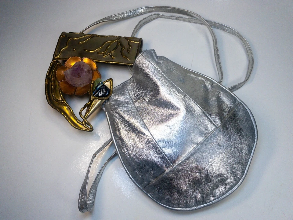Cartera Bandolera Vintage Años 70 Brutalista Amatista Piedras Preciosas Cuero Plateado Foto 4 de 4